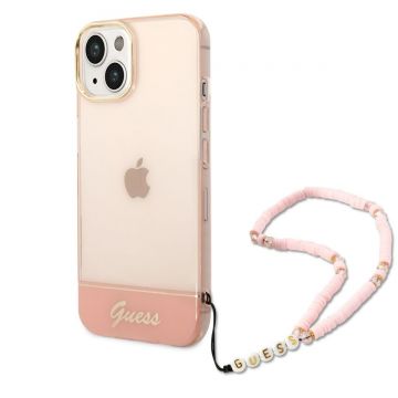 Husa de protectie telefon Guess pentru iPhone 14 Plus, Double Layer Electroplated with strap, Plastic, Roz
