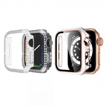 Set 2 huse pentru Apple Watch 4, Apple Watch 5, Apple Watch 6, Apple Watch SE, de 40mm, tip rama din sticla securizata, tip bumper, model cu strasuri, roz-alb, transparent