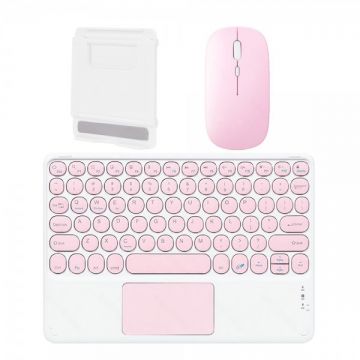 Set 3 in 1 pentru tablete cu Mouse dual Wireless 2.4G si Bluetooth, tastatura cu TouchPad wireless Bluetooth si suport de tableta, roz