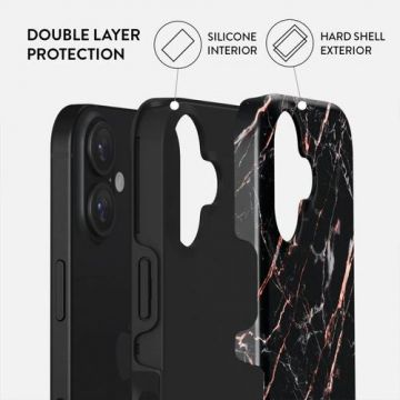 Husa Dual Layer Rose Gold Marble Burga pentru iPhone 16, Negru