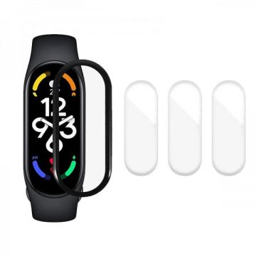 Set 3 folii de protectie ecran pentru Xiaomi Mi Band 7 din Hidrogel rezistent la zgarieturi, transparent + folie curbata 3D fullsize, negru