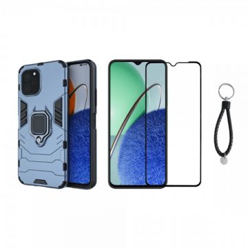 Set protectie 2 in 1 pentru Huawei Nova Y61 (4G) cu husa hybrid antisoc cu stand inel si folie sticla ceramica fullsize si breloc cadou, dark blue