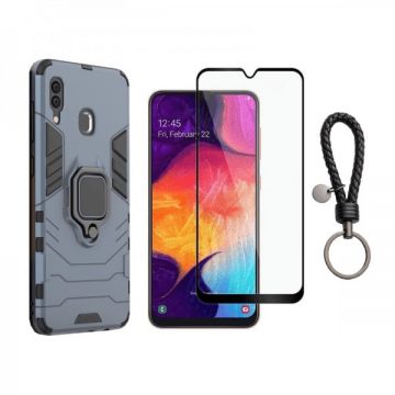 Set protectie 2 in 1 pentru Huawei P Smart 2019 / Honor 10 Lite cu husa hybrid antisoc cu stand inel si folie sticla ceramica fullsize si breloc cadou, dark blue