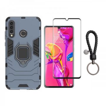 Set protectie 2 in 1 pentru Huawei P30 Lite cu husa hybrid antisoc cu stand inel si folie sticla ceramica fullsize si breloc cadou, dark blue