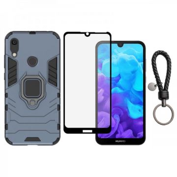 Set protectie 2 in 1 pentru Huawei Y6S 2019 cu husa hybrid antisoc cu stand inel si folie sticla ceramica fullsize si breloc cadou, dark blue