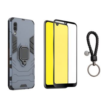 Set protectie 2 in 1 pentru Huawei Y7 Pro 2019 cu husa hybrid antisoc cu stand inel si folie sticla ceramica fullsize si breloc cadou, dark blue