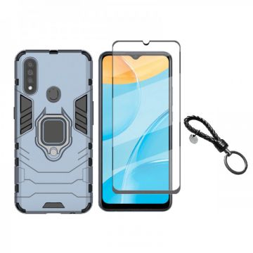 Set protectie 2 in 1 pentru Oppo A31 cu husa hybrid antisoc cu stand inel si folie sticla ceramica fullsize si breloc cadou, dark blue