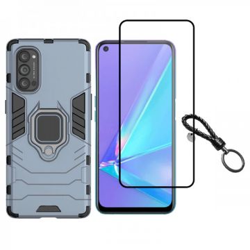 Set protectie 2 in 1 pentru Oppo Find X3 Lite / Reno 5 4G / 5G cu husa hybrid antisoc cu stand inel si folie sticla ceramica fullsize si breloc cadou, dark blue