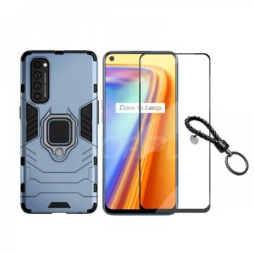 Set protectie 2 in 1 pentru Oppo Reno 4 Pro cu husa hybrid antisoc cu stand inel si folie sticla ceramica fullsize si breloc cadou, dark blue