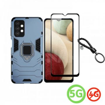 Set protectie 2 in 1 pentru Samsung Galaxy A32 5G SM-A326 cu husa hybrid antisoc cu stand inel si folie sticla ceramica fullsize si breloc cadou, dark blue