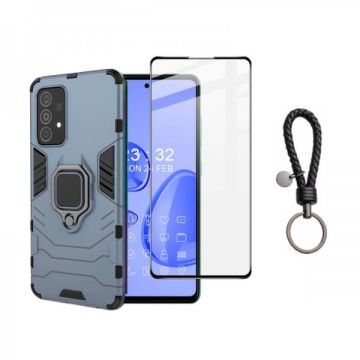 Set protectie 2 in 1 pentru Samsung Galaxy A52s 5G cu husa hybrid antisoc cu stand inel si folie sticla ceramica fullsize si breloc cadou, dark blue