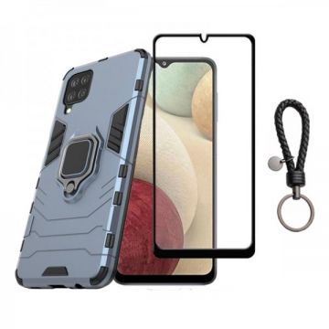 Set protectie 2 in 1 pentru Samsung Galaxy M12 cu husa hybrid antisoc cu stand inel si folie sticla ceramica fullsize si breloc cadou, dark blue