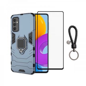 Set protectie 2 in 1 pentru Samsung Galaxy M52 5G cu husa hybrid antisoc cu stand inel si folie sticla ceramica fullsize si breloc cadou, dark blue