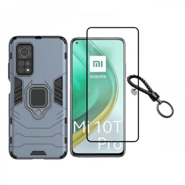 Set protectie 2 in 1 pentru Xiaomi MI 10T 5G / Mi 10T Pro 5G cu husa hybrid antisoc cu stand inel si folie sticla ceramica fullsize si breloc cadou, dark blue