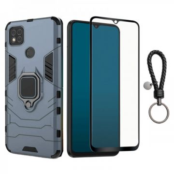 Set protectie 2 in 1 pentru Xiaomi Redmi 9C / 9C NFC cu husa hybrid antisoc cu stand inel si folie sticla ceramica fullsize si breloc cadou, dark blue