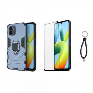 Set protectie 2 in 1 pentru Xiaomi Redmi A2 (4G) cu husa hybrid antisoc cu stand inel si folie sticla ceramica fullsize si breloc cadou, dark blue