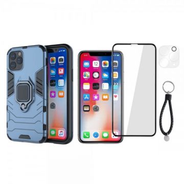 Set protectie 3 in 1 pentru IPHONE 11 PRO cu husa hybrid antisoc cu stand inel, folie sticla ceramica fullsize, 2 folii sticla pentru camera si breloc cadou, dark blue