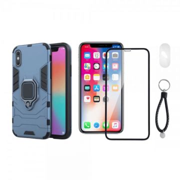 Set protectie 3 in 1 pentru IPHONE X / XS cu husa hybrid antisoc cu stand inel, folie sticla ceramica fullsize, 2 folii sticla pentru camera si breloc cadou, dark blue