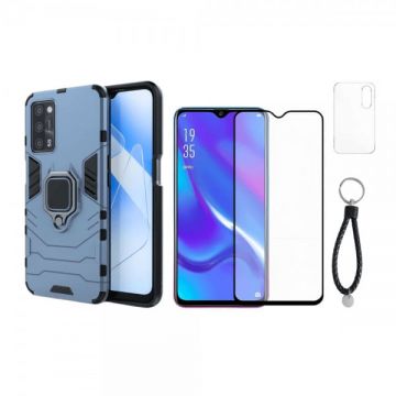 Set protectie 3 in 1 pentru Oppo A16 (4G) cu husa hybrid antisoc cu stand inel, folie sticla ceramica fullsize, 2 folii sticla pentru camera si breloc cadou, dark blue