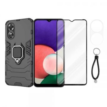 Set protectie 3 in 1 pentru Oppo A17 cu husa hybrid antisoc cu stand inel, folie sticla ceramica fullsize, folie sticla pentru camera si breloc cadou, negru