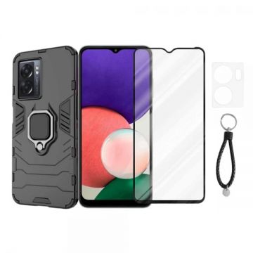 Set protectie 3 in 1 pentru Oppo A77 (5G) cu husa hybrid antisoc cu stand inel, folie sticla ceramica fullsize, folie sticla pentru camera si breloc cadou, negru