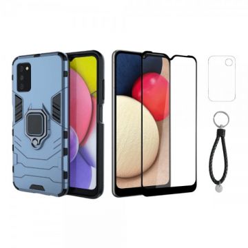 Set protectie 3 in 1 pentru Samsung Galaxy A03s (4G) cu husa hybrid antisoc cu stand inel, folie sticla ceramica fullsize, 2 folii sticla pentru camera si breloc cadou, dark blue