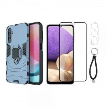 Set protectie 3 in 1 pentru Samsung Galaxy A14 (4G) / A14 5G cu husa hybrid antisoc cu stand inel, folie sticla ceramica fullsize, 2 folii sticla pentru camera si breloc cadou, dark blue