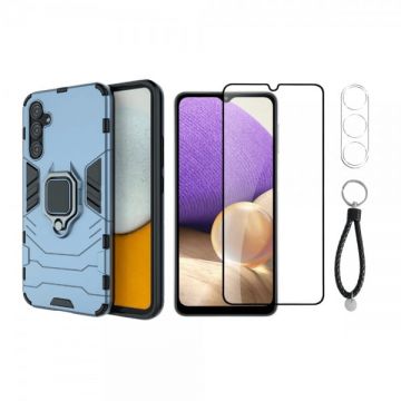 Set protectie 3 in 1 pentru Samsung Galaxy A34 5G cu husa hybrid antisoc cu stand inel, folie sticla ceramica fullsize, 2 folii sticla pentru camera si breloc cadou, dark blue