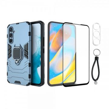 Set protectie 3 in 1 pentru Samsung Galaxy A54 5G cu husa hybrid antisoc cu stand inel, folie sticla ceramica fullsize, 2 folii sticla pentru camera si breloc cadou, dark blue