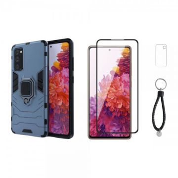 Set protectie 3 in 1 pentru Samsung S20 FE (4G) cu husa hybrid antisoc cu stand inel, folie sticla ceramica fullsize, 2 folii sticla pentru camera si breloc cadou, dark blue