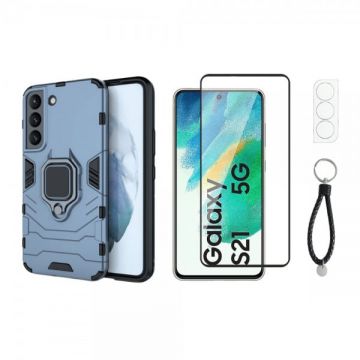 Set protectie 3 in 1 pentru Samsung S21 5G cu husa hybrid antisoc cu stand inel, folie sticla ceramica fullsize, 2 folii sticla pentru camera si breloc cadou, dark blue