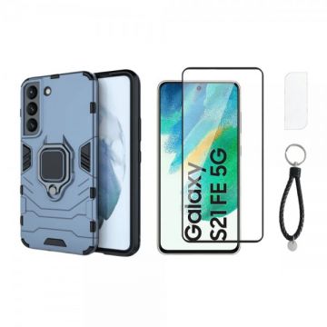 Set protectie 3 in 1 pentru Samsung S21 FE 5G cu husa hybrid antisoc cu stand inel, folie sticla ceramica fullsize, 2 folii sticla pentru camera si breloc cadou, dark blue