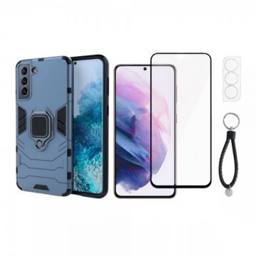 Set protectie 3 in 1 pentru Samsung S21 Plus 5G cu husa hybrid antisoc cu stand inel, folie sticla ceramica fullsize, 2 folii sticla pentru camera si breloc cadou, dark blue