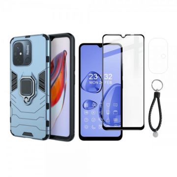 Set protectie 3 in 1 pentru Xiaomi Redmi 12C (4G) cu husa hybrid antisoc cu stand inel, folie sticla ceramica fullsize, 2 folii sticla pentru camera si breloc cadou, dark blue