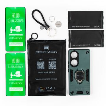 Bermek Husa Honor 70 5G, husa antisoc - 2x Folie telefon, Verde