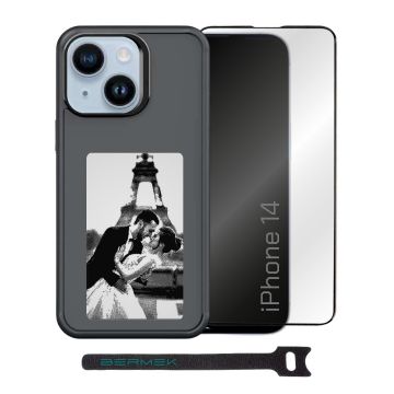 Bermek Husa iPhone 14 NFC cu ecran E-Ink 4 culori, silicon + Folie de sticla, negru