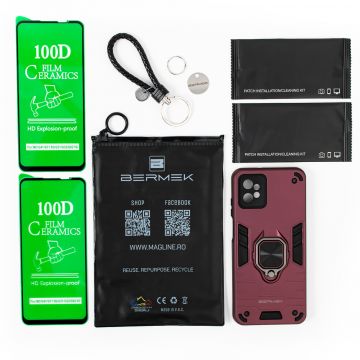 Bermek Husa Motorola G32, husa antisoc - 2x Folie telefon, Visiniu