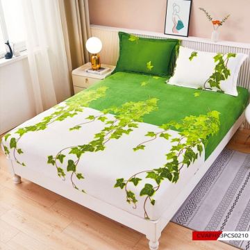 Cearșaf cu Elastic Cocolino 180x200x25 cm – Set cu 2 Fețe de Pernă Gros și Pufos Calitate Premium pentru Confort și Eleganță Alb Verde frunze