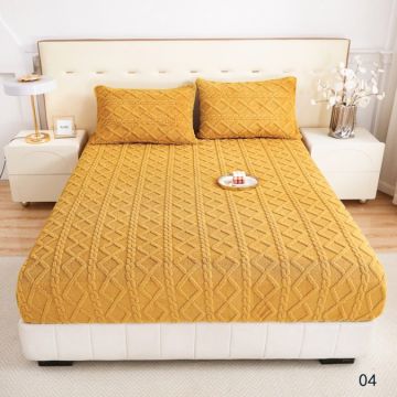 Cearșaf cu Elastic Cocolino 180x200x25 cm – Set cu 2 Fețe de Pernă Model Tricotat Gros și Pufos Calitate Premium pentru Confort și Eleganță Mustar