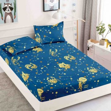 Cearsaf cu elastic Bumbac FINET 160/180x200cm 2 fete de perne 50x70cm Jojo Home Albastru zodiac