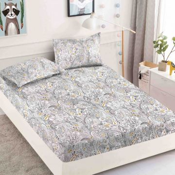 Cearsaf cu elastic  Bumbac FINET  160/180x200cm  2 fete de perne 50x70cm  Jojo Home  Gri  model floral