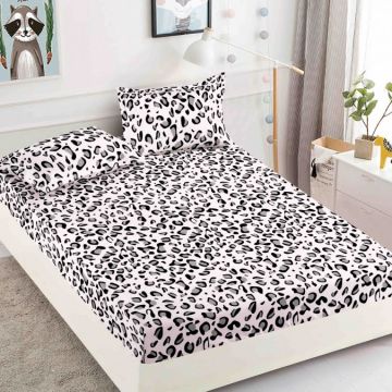 Cearsaf cu elastic Bumbac FINET 160/180x200cm 2 fete de perne 50x70cm Jojo Home Gri-Negru animal print