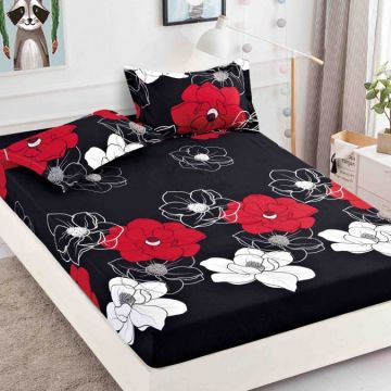 Cearsaf cu elastic Bumbac FINET 160/180x200cm 2 fete de perne 50x70cm Jojo Home Negru-Rosu flori