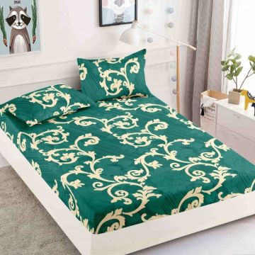 Cearsaf cu elastic Bumbac FINET 160/180x200cm 2 fete de perne 50x70cm Jojo Home Verde model oriental