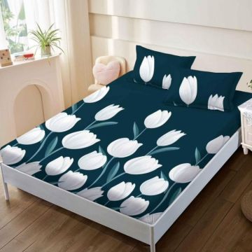 Cearsaf cu elastic Bumbac FINET 160x200cm 2 fete de perne 50x70cm Alb-Turquoise lalele