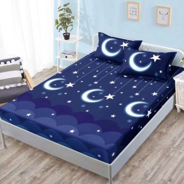 Cearsaf cu elastic Bumbac FINET 160x200cm 2 fete de perne 50x70cm Albastru luna stelute