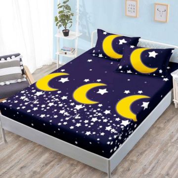 Cearsaf cu elastic Bumbac FINET 160x200cm 2 fete de perne 50x70cm Bleumarin luna stelute