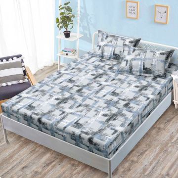 Cearsaf cu elastic Bumbac FINET 160x200cm 2 fete de perne 50x70cm Gri Albastru Model Clasic – confort și eleganță pentru patul tău