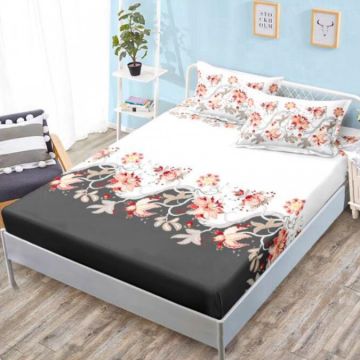 Cearsaf cu elastic Bumbac FINET 160x200cm 2 fete de perne 50x70cm Gri Flori – confort și eleganță pentru patul tău