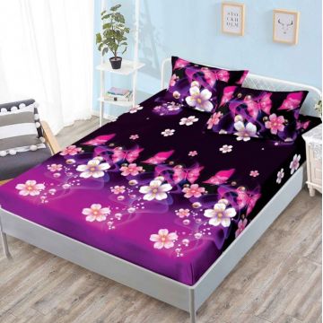 Cearsaf cu elastic Bumbac FINET 160x200cm 2 fete de perne 50x70cm Mov floricele